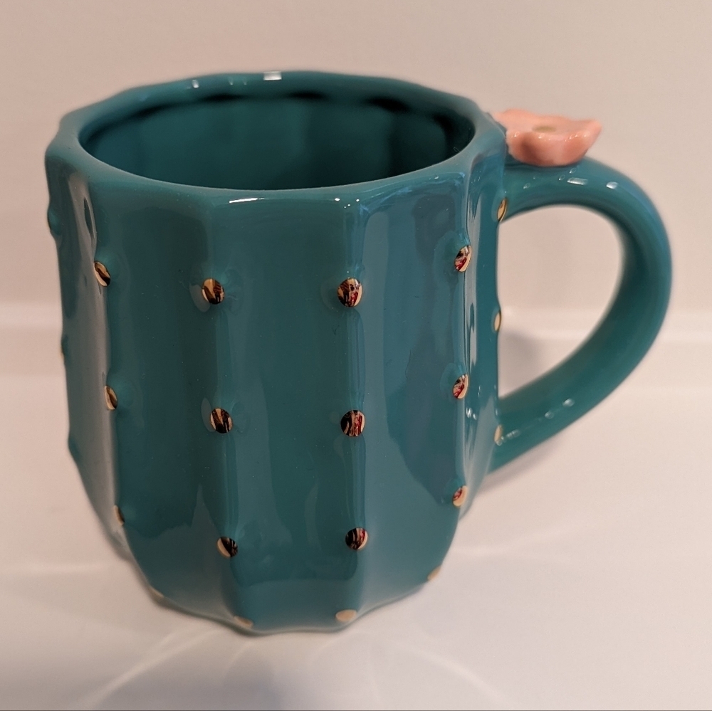 Teal Cactus Mug with Pink Flower Accent